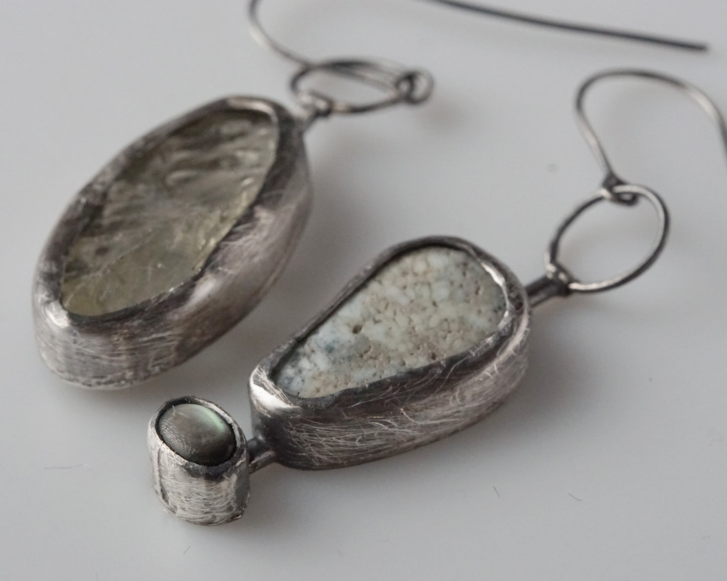 Sterling Silver Prasiolite Chrysoprase Black Abalone Shell Earrings