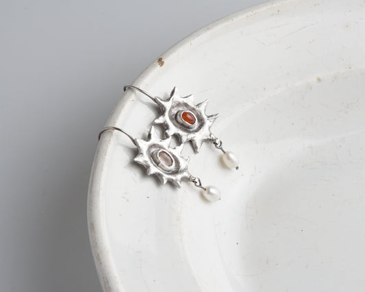 Handcrafted Silver Sunburst Earrings with Rose Quartz, Carnelian & Freshwater Pearls