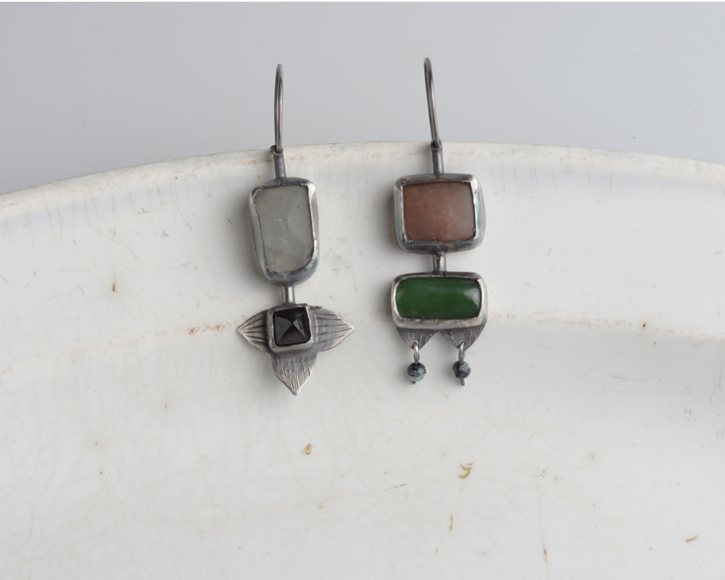 Handcrafted Asymmetrical Silver Earrings with Chalcedony, Jade, Quartz & Black Agate
