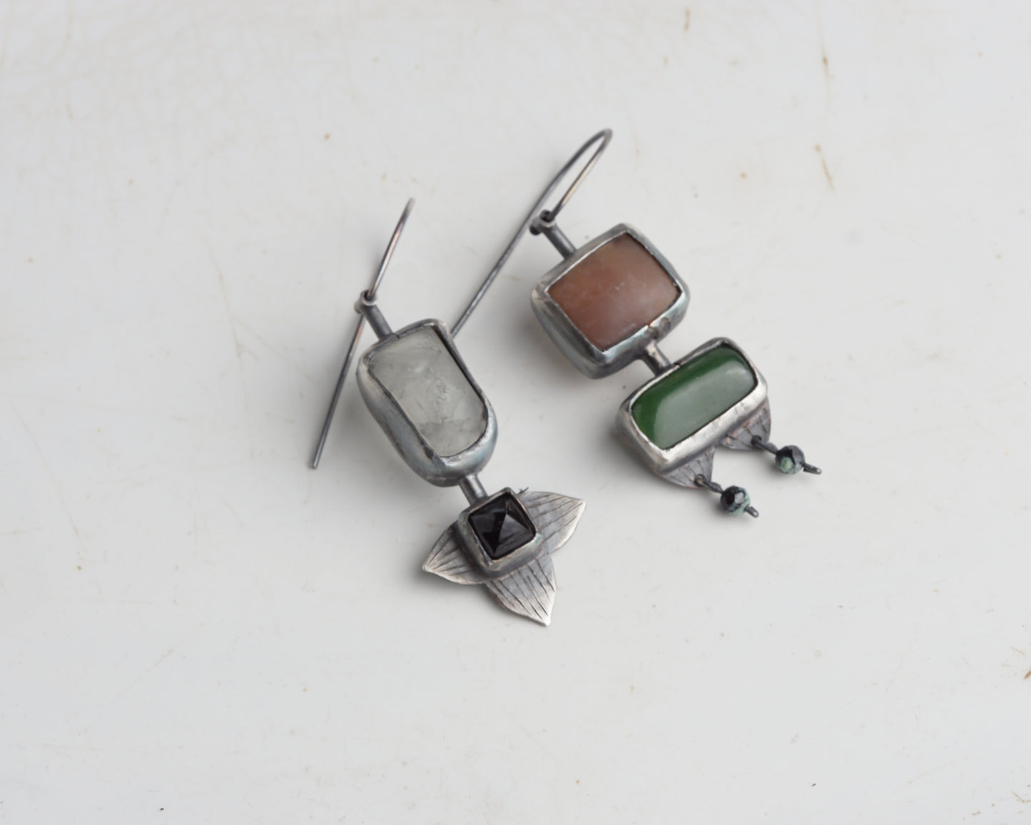 Handcrafted Asymmetrical Silver Earrings with Chalcedony, Jade, Quartz & Black Agate
