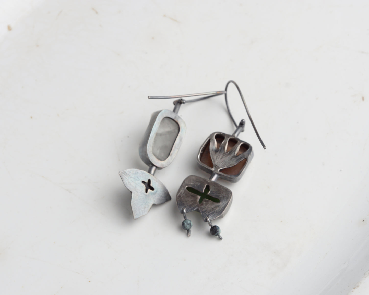 Handcrafted Asymmetrical Silver Earrings with Chalcedony, Jade, Quartz & Black Agate