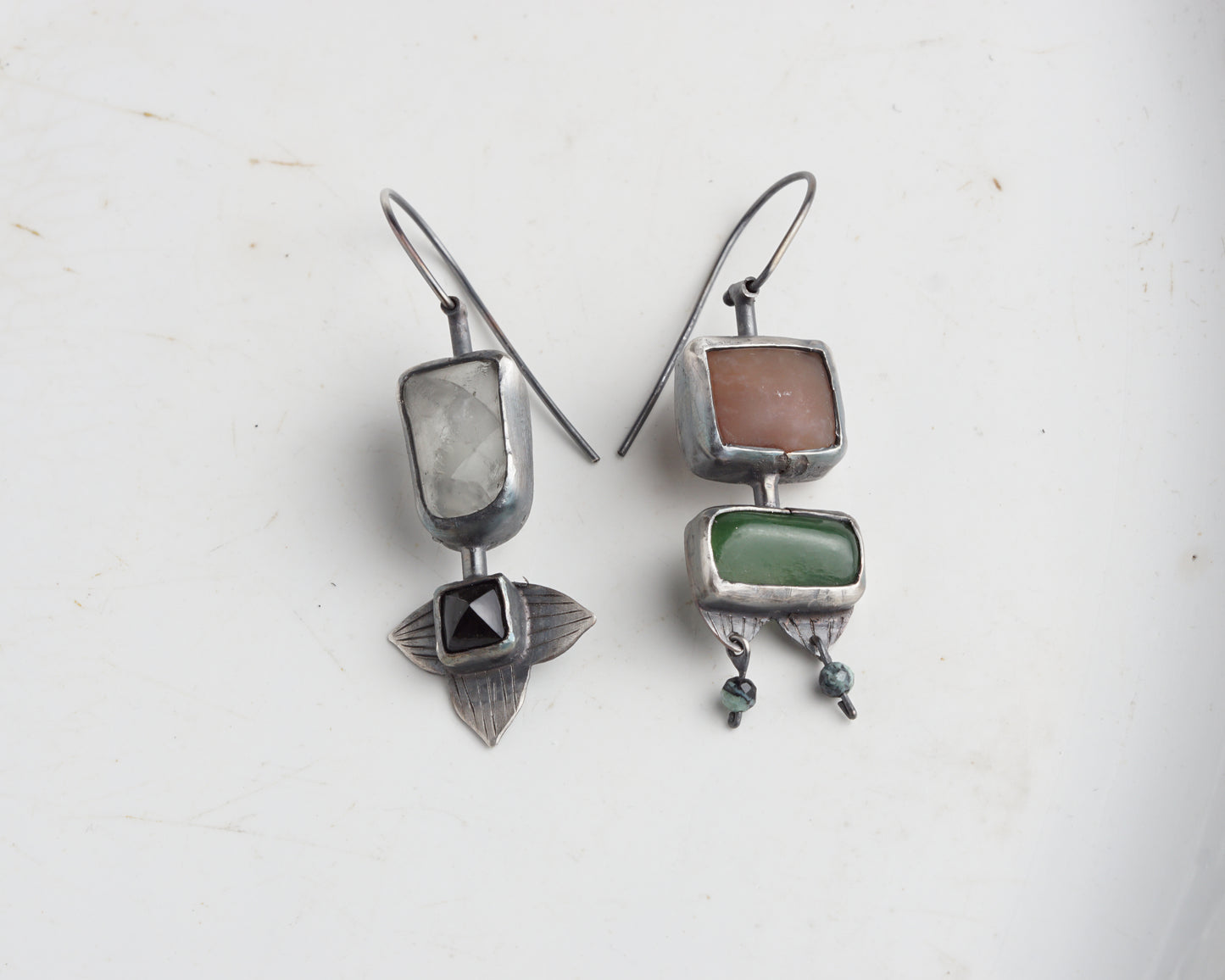Handcrafted Asymmetrical Silver Earrings with Chalcedony, Jade, Quartz & Black Agate