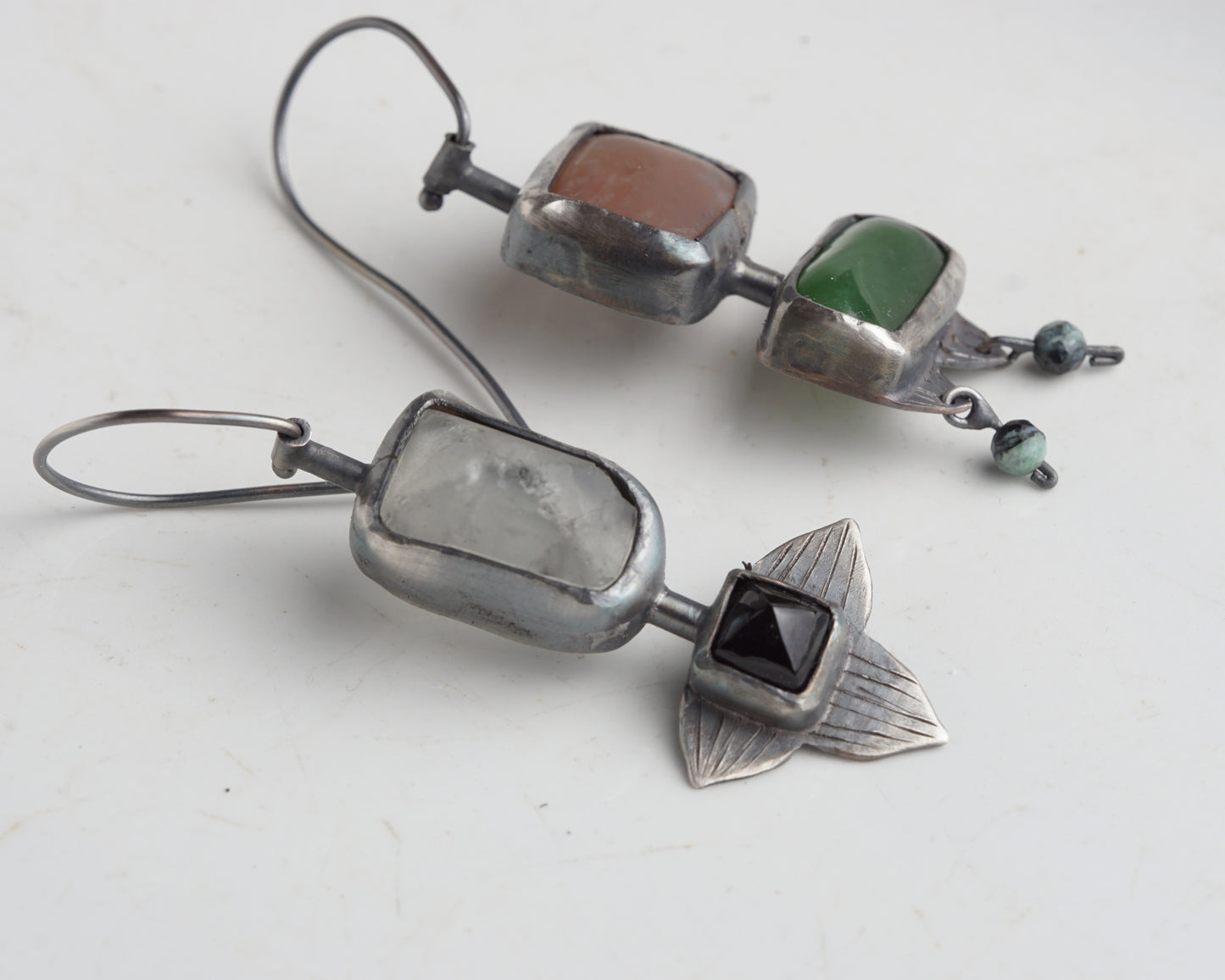 Handcrafted Asymmetrical Silver Earrings with Chalcedony, Jade, Quartz & Black Agate