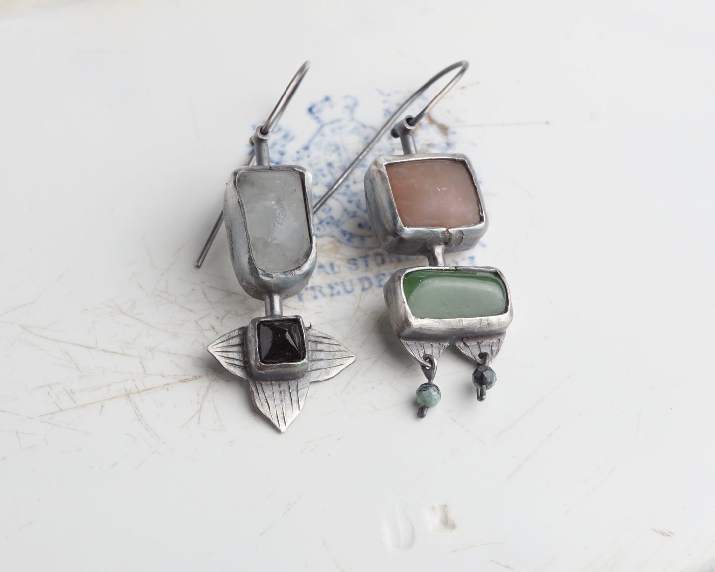 Handcrafted Asymmetrical Silver Earrings with Chalcedony, Jade, Quartz & Black Agate