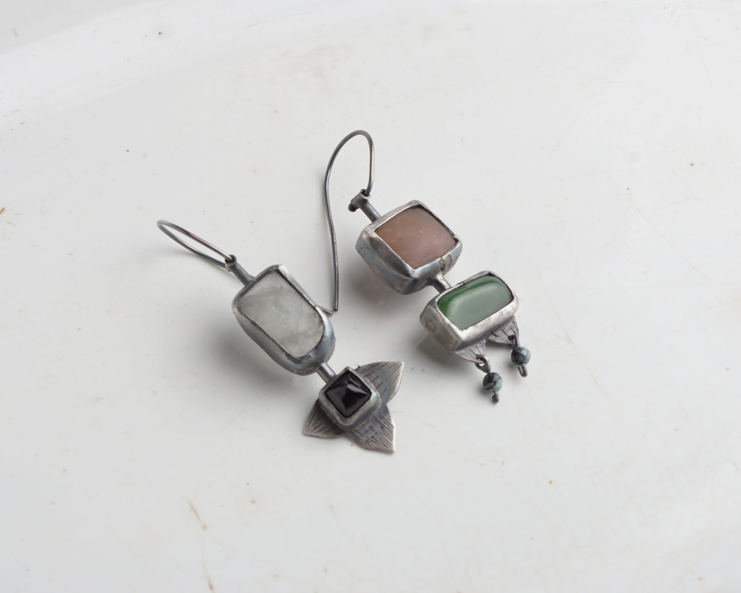 Handcrafted Asymmetrical Silver Earrings with Chalcedony, Jade, Quartz & Black Agate