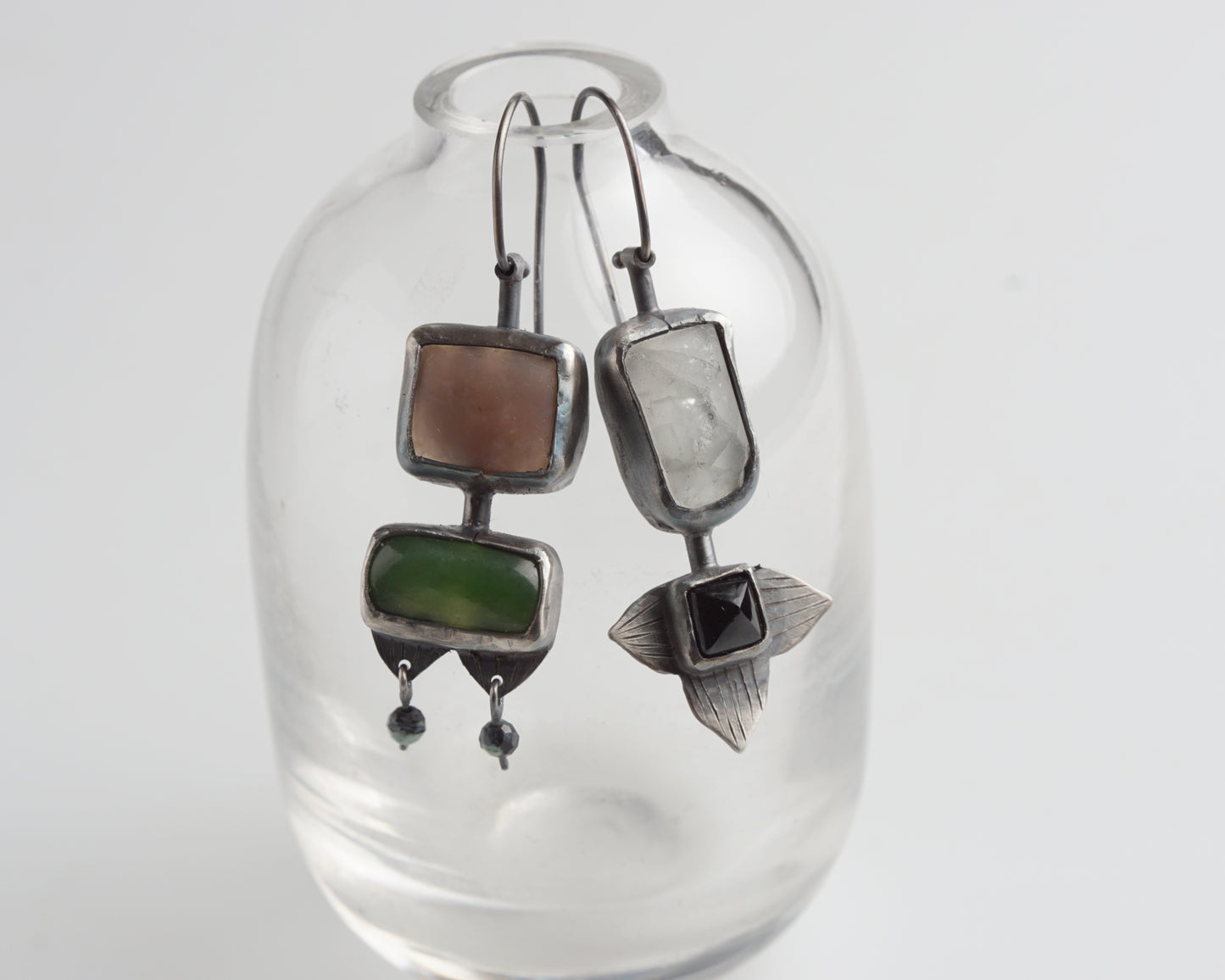 Handcrafted Asymmetrical Silver Earrings with Chalcedony, Jade, Quartz & Black Agate