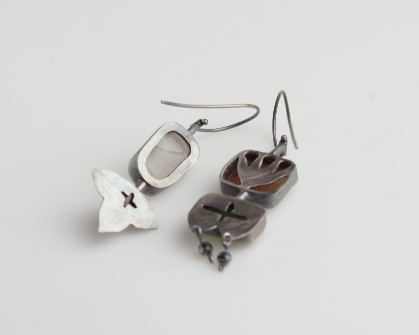 Handcrafted Asymmetrical Silver Earrings with Chalcedony, Jade, Quartz & Black Agate