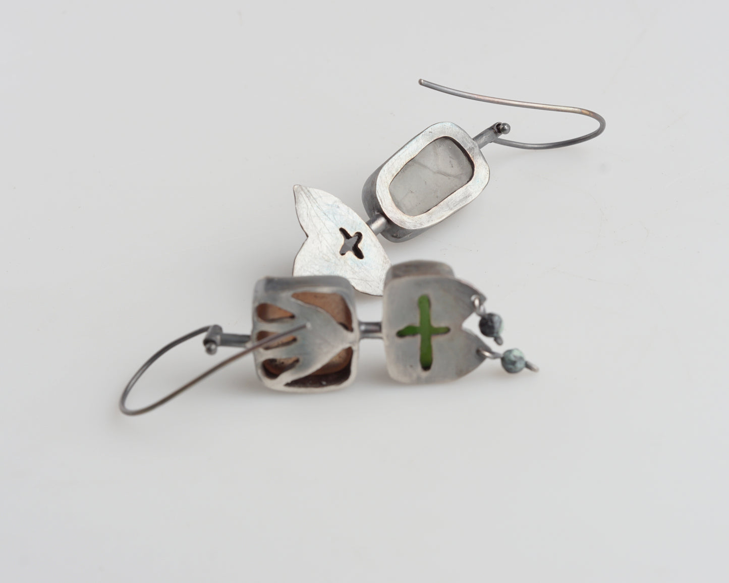 Handcrafted Asymmetrical Silver Earrings with Chalcedony, Jade, Quartz & Black Agate