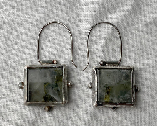Prehnite Square Drop Earrings in Oxidized Sterling Silver