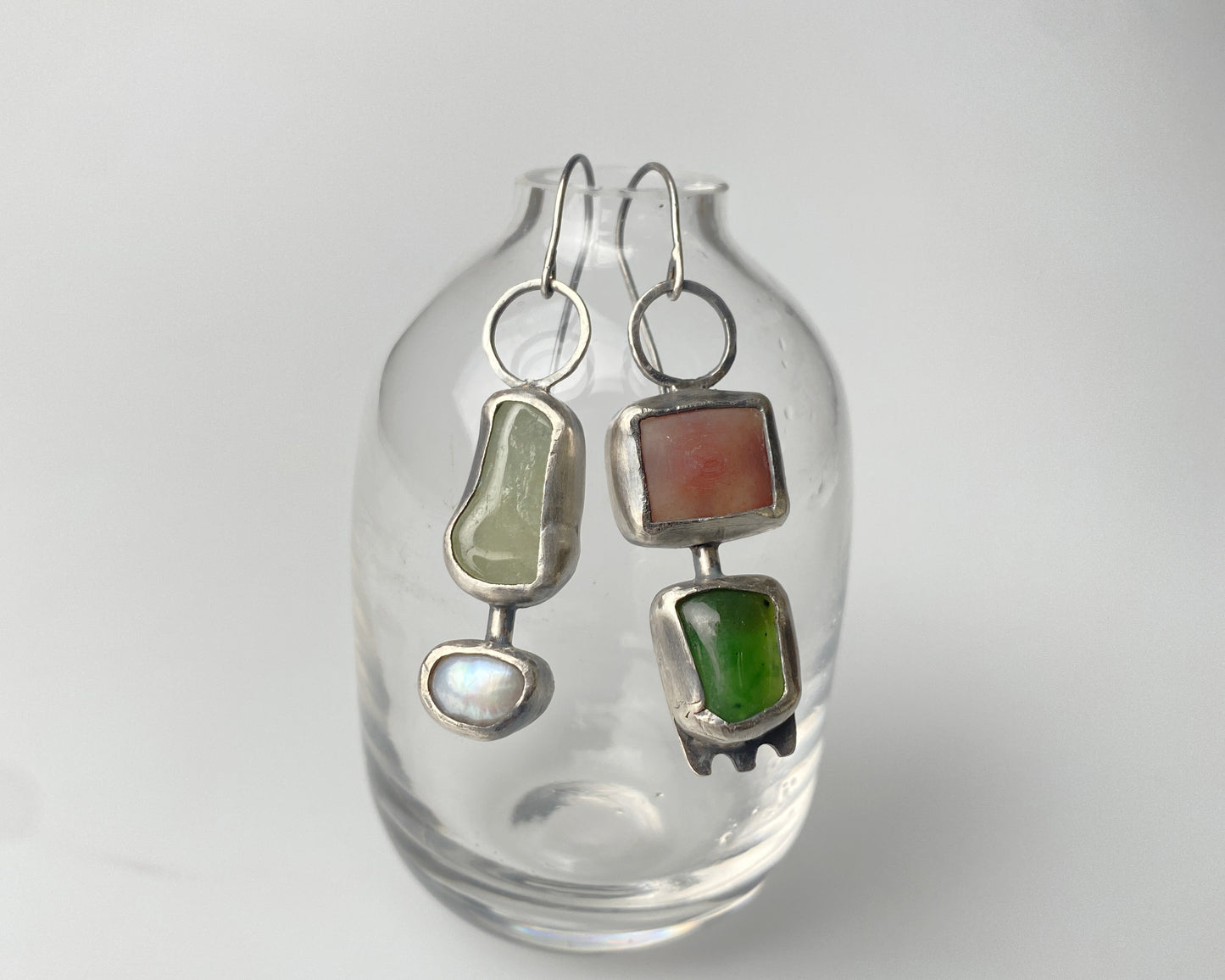 Handcrafted Silver Earrings with Chalcedony, Jade, Aquamarine, and Pearl