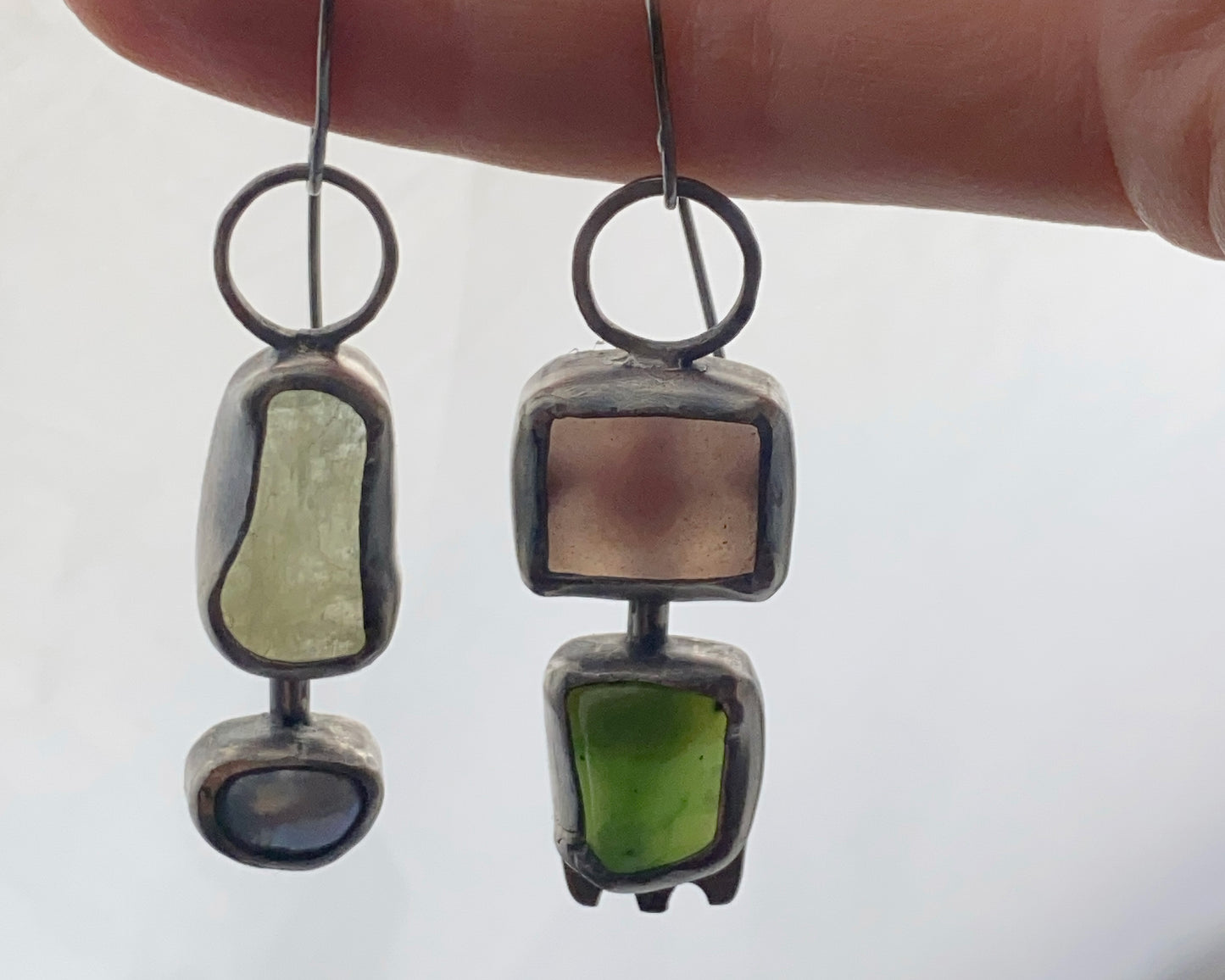 Handcrafted Silver Earrings with Chalcedony, Jade, Aquamarine, and Pearl