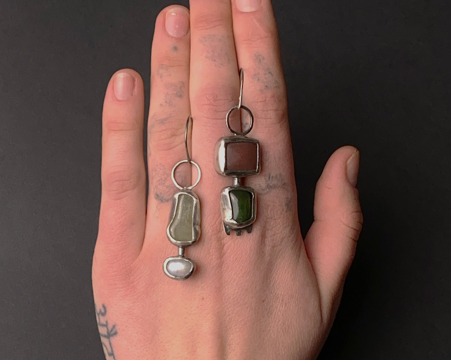 Handcrafted Silver Earrings with Chalcedony, Jade, Aquamarine, and Pearl