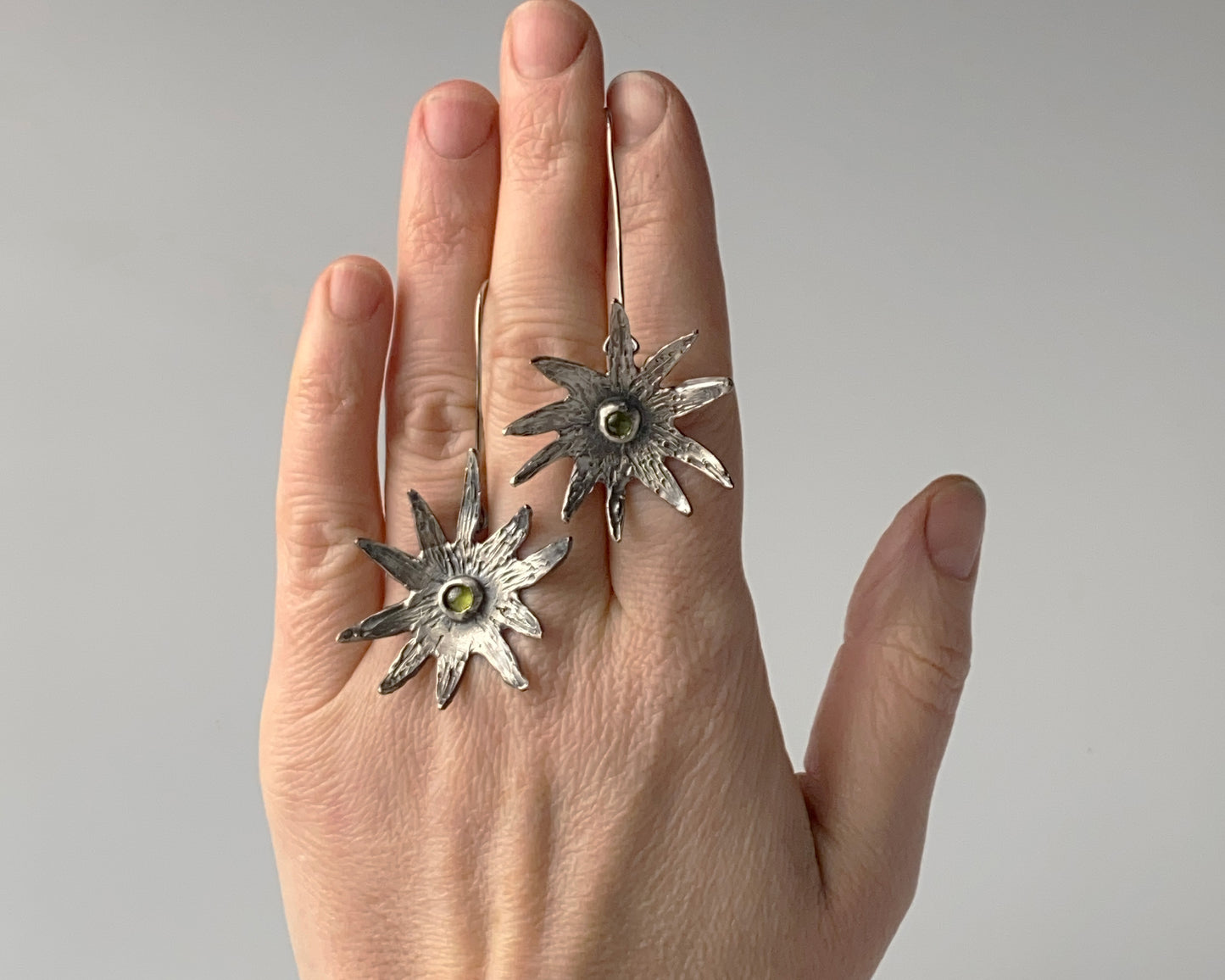 Silver Starburst Peridot Earrings