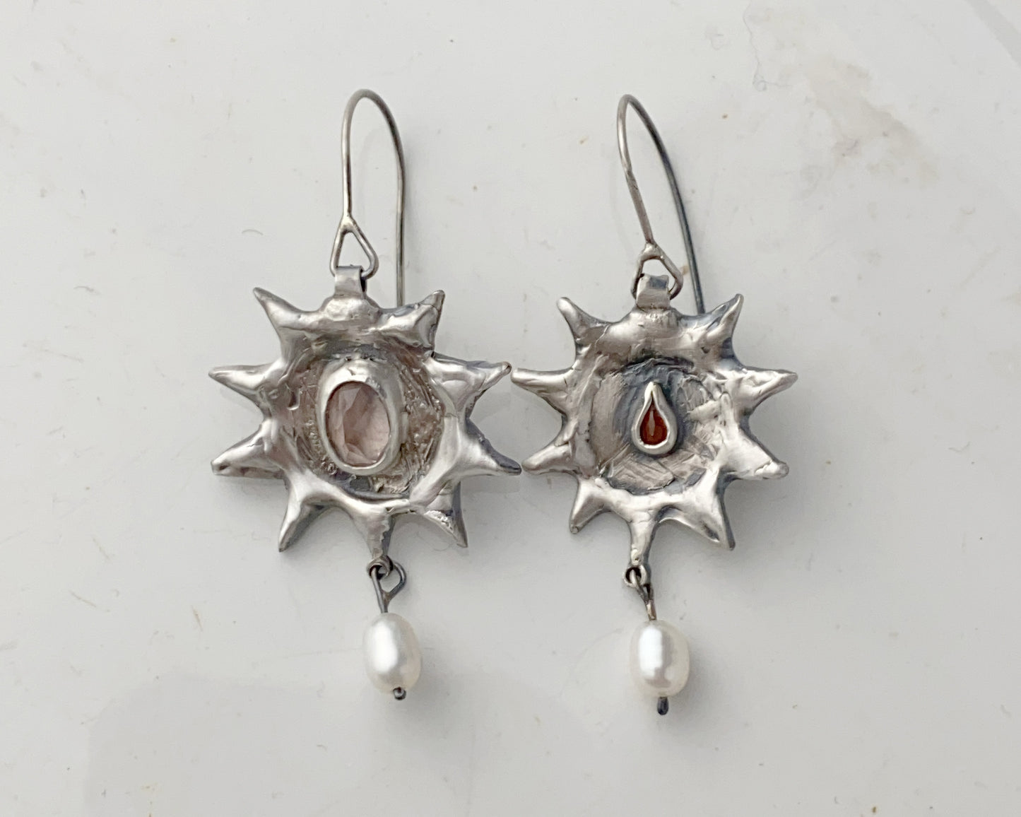 Silver Sun Earrings with Pink Quartz and Carnelian