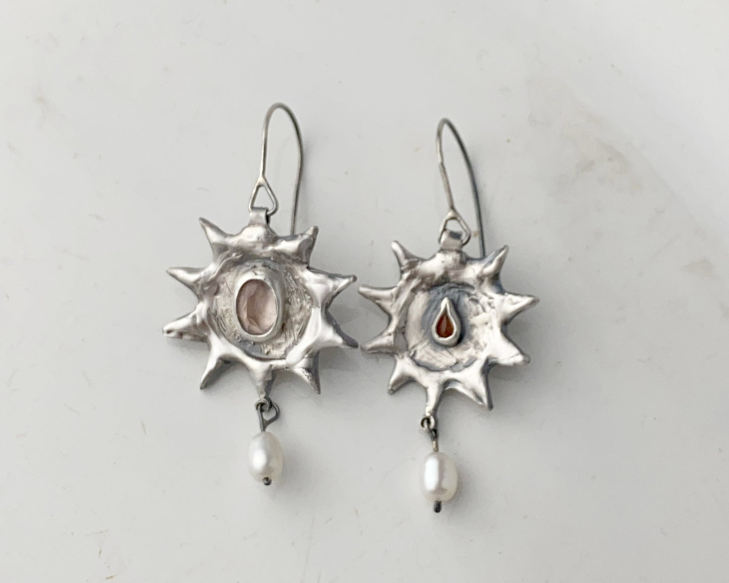 Silver Sun Earrings with Pink Quartz and Carnelian