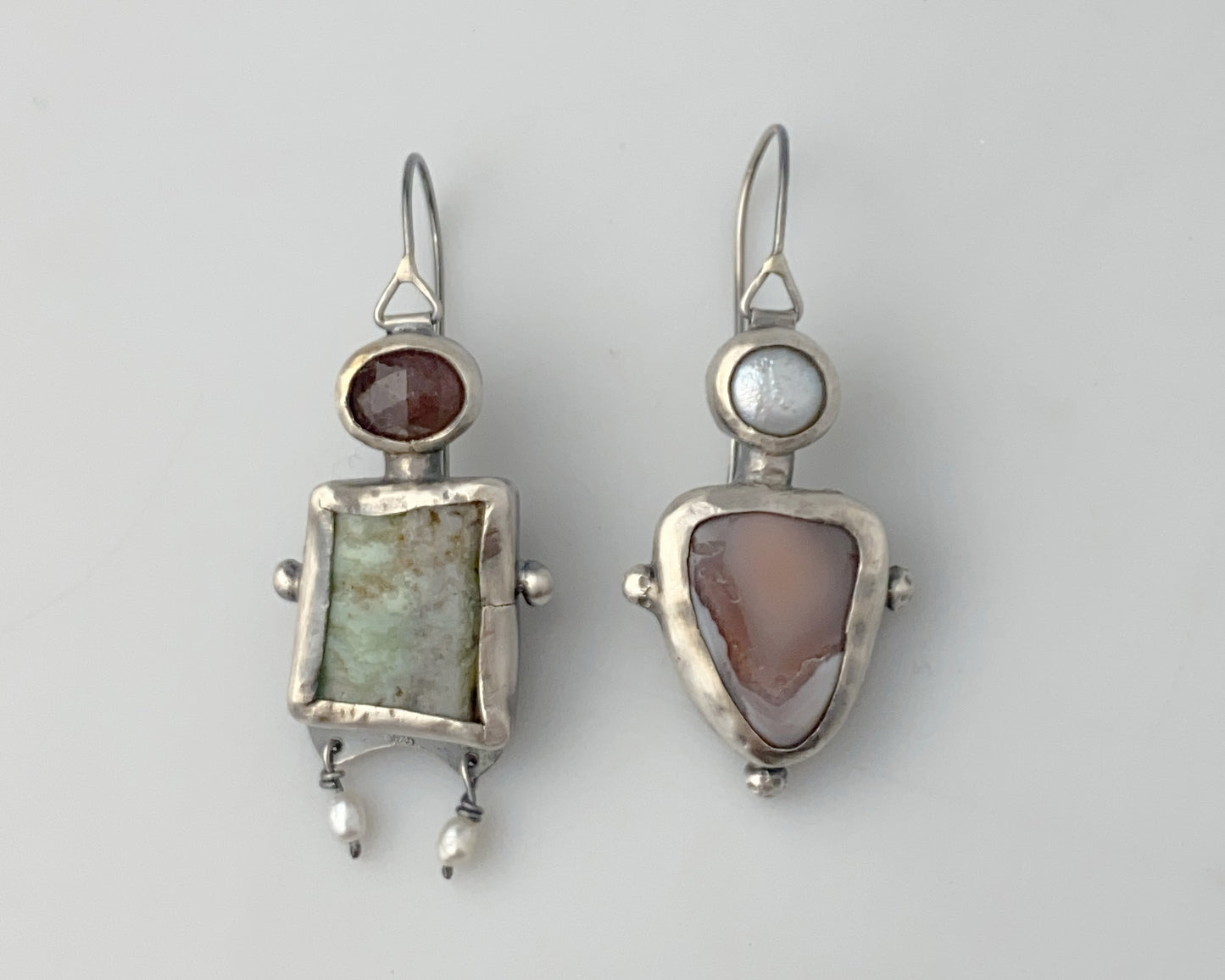 Asymmetrical Bird Ornament Sterling Silver Earrings with Chrysoprase, Strawberry Quartz, Agate and Pearl