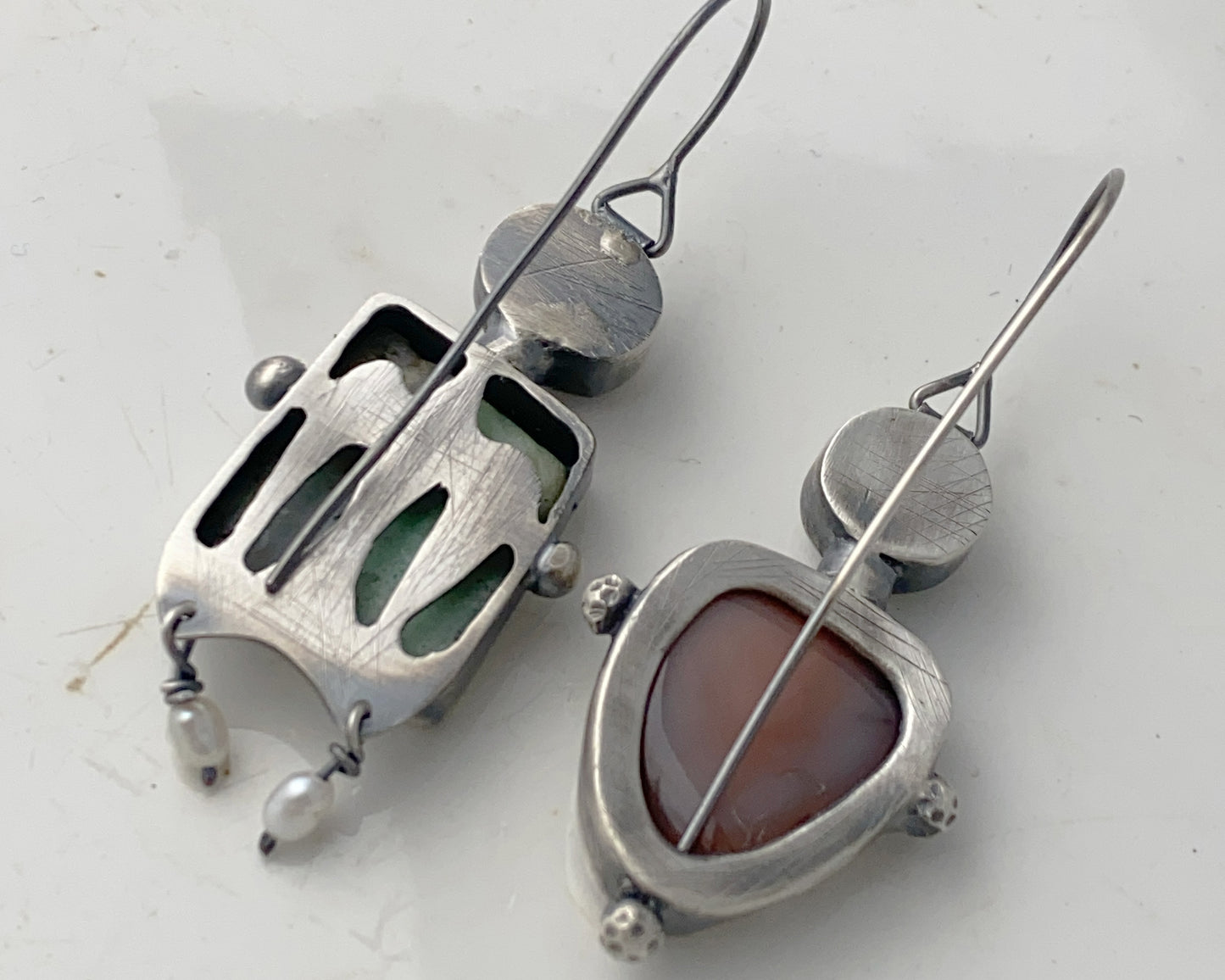 Asymmetrical Bird Ornament Sterling Silver Earrings with Chrysoprase, Strawberry Quartz, Agate and Pearl
