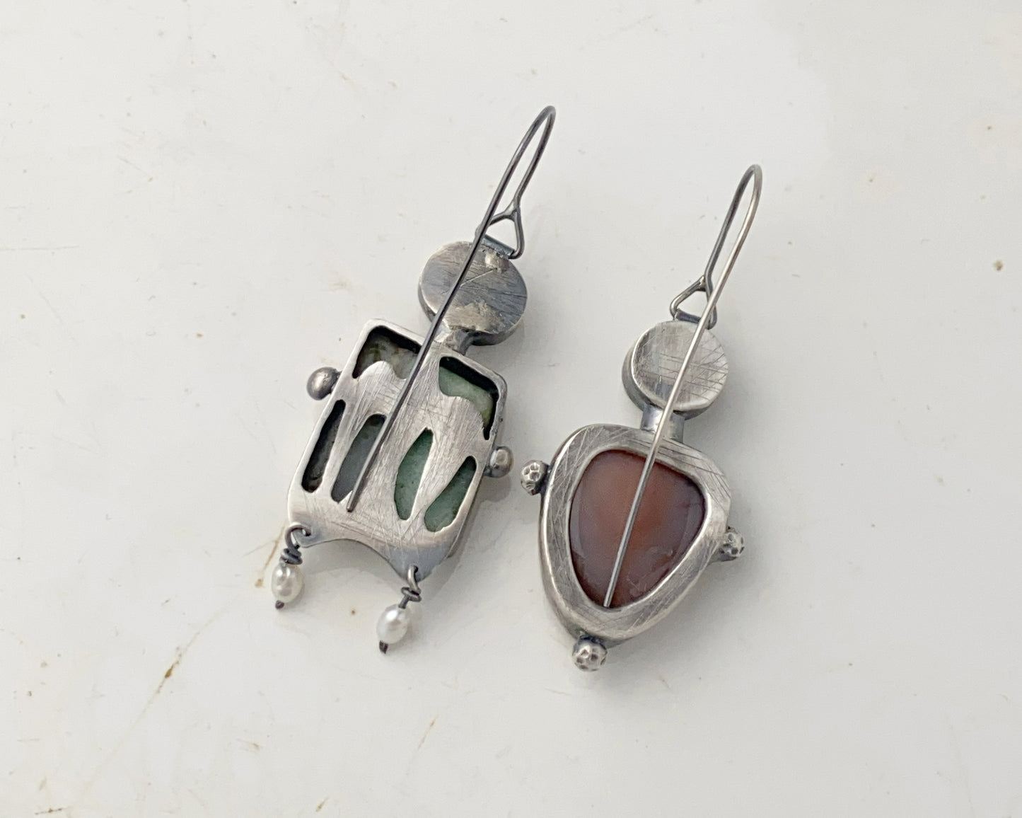 Asymmetrical Bird Ornament Sterling Silver Earrings with Chrysoprase, Strawberry Quartz, Agate and Pearl