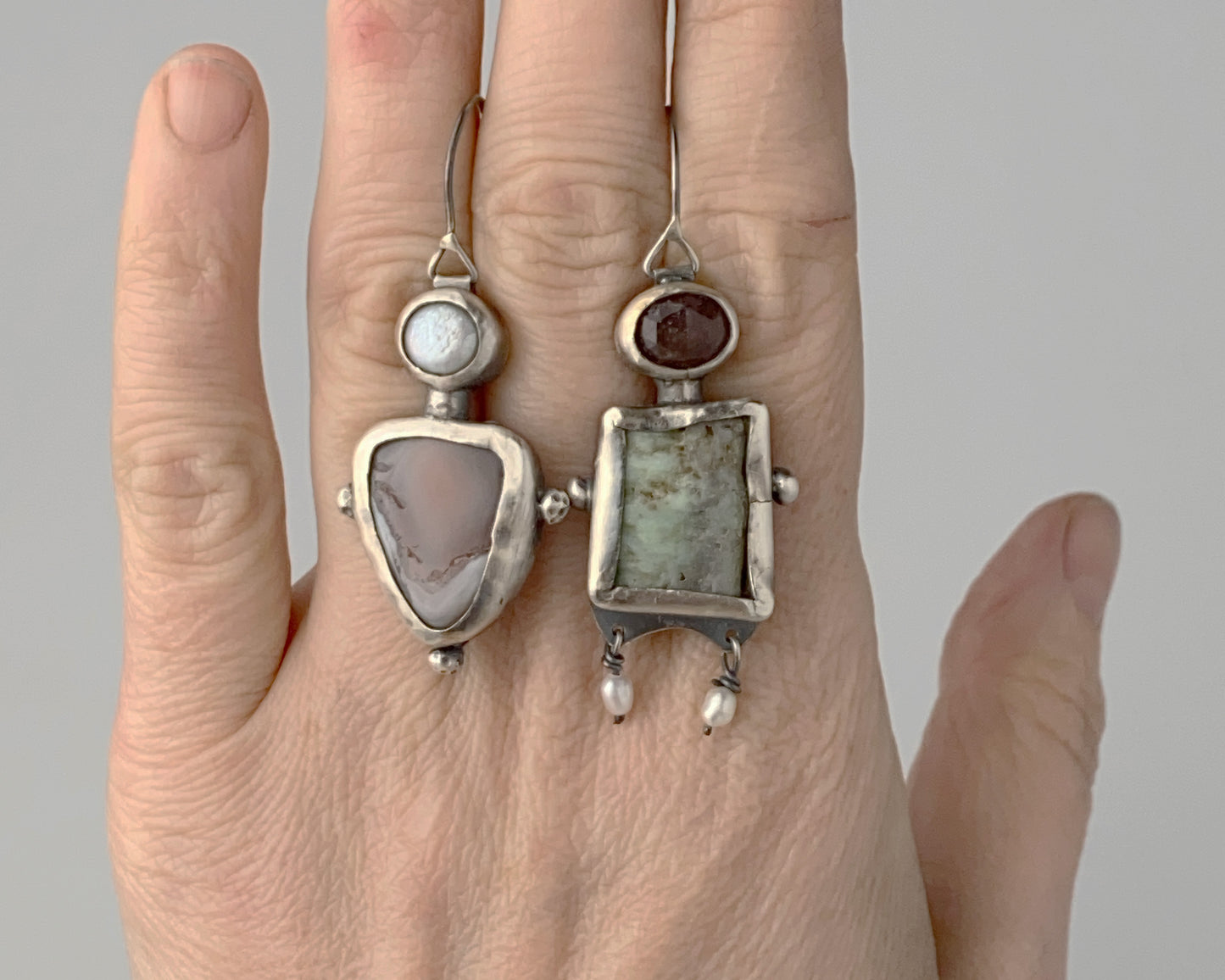 Asymmetrical Bird Ornament Sterling Silver Earrings with Chrysoprase, Strawberry Quartz, Agate and Pearl