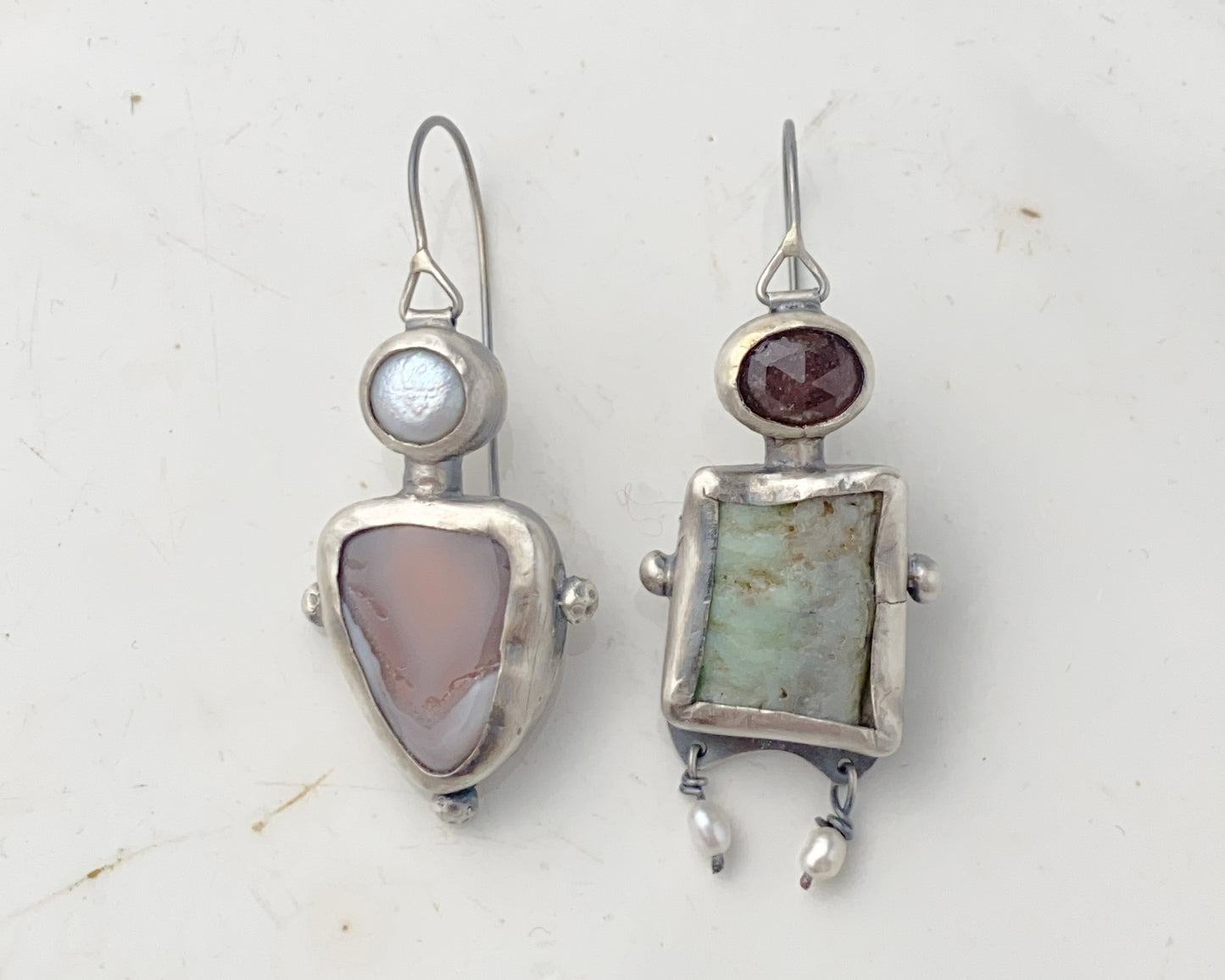 Asymmetrical Bird Ornament Sterling Silver Earrings with Chrysoprase, Strawberry Quartz, Agate and Pearl