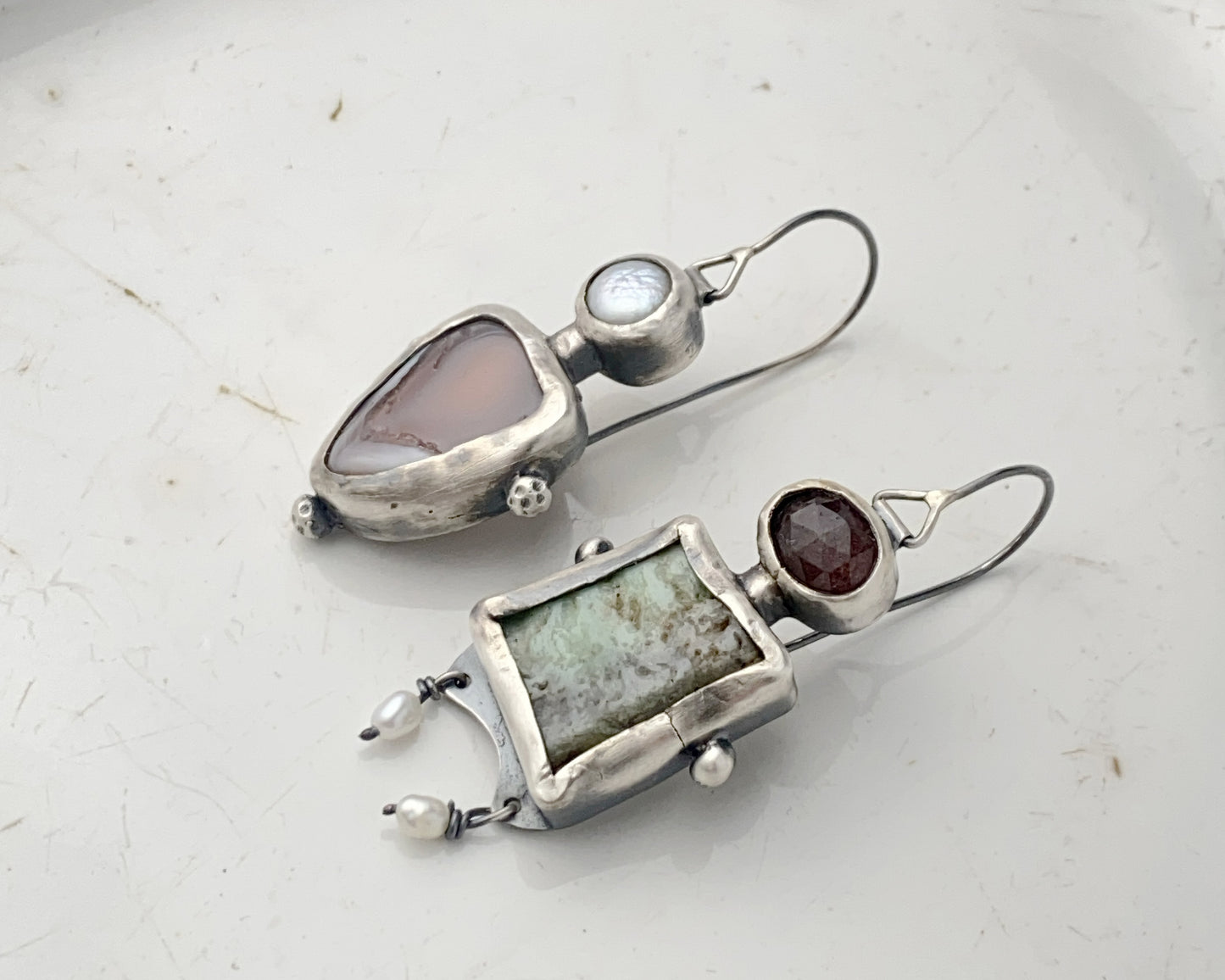 Asymmetrical Bird Ornament Sterling Silver Earrings with Chrysoprase, Strawberry Quartz, Agate and Pearl