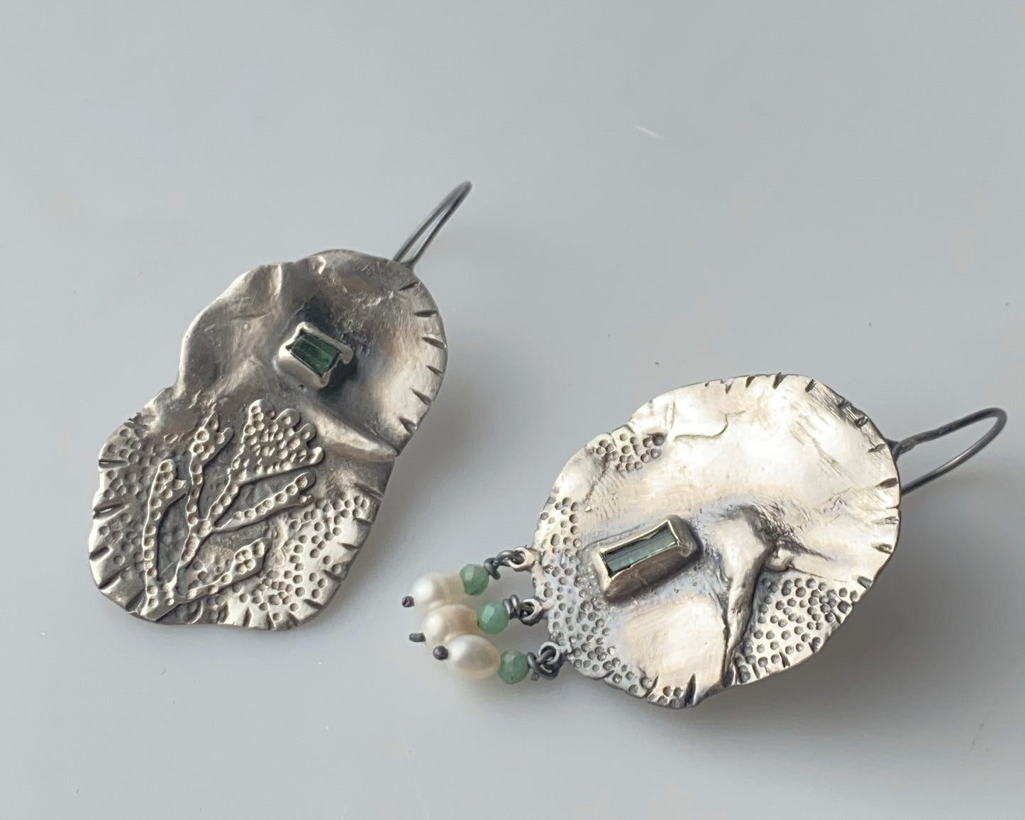 Silver Coral Tourmaline Pearl Earrings with Emerald Beads