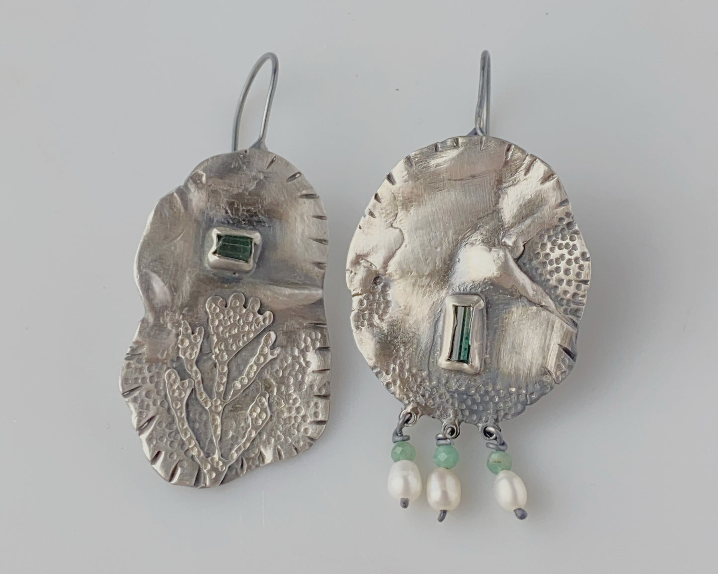 Silver Coral Tourmaline Pearl Earrings with Emerald Beads