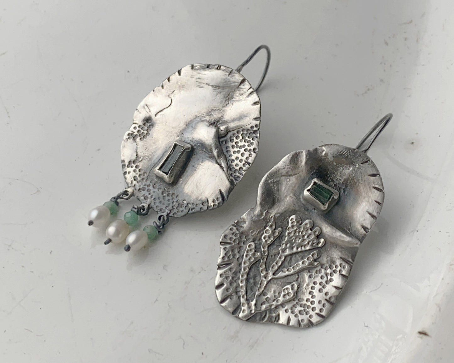 Silver Coral Tourmaline Pearl Earrings with Emerald Beads