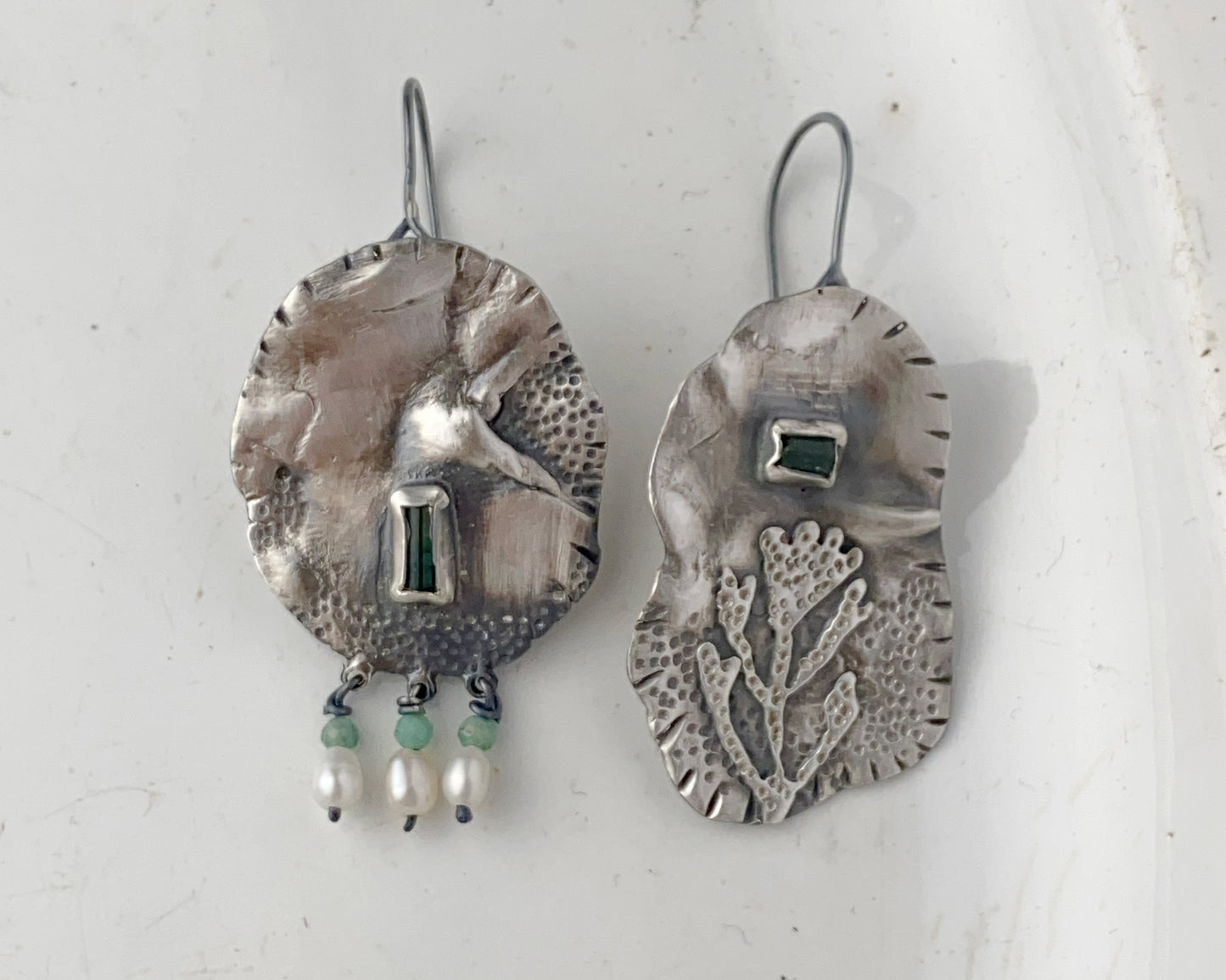 Silver Coral Tourmaline Pearl Earrings with Emerald Beads