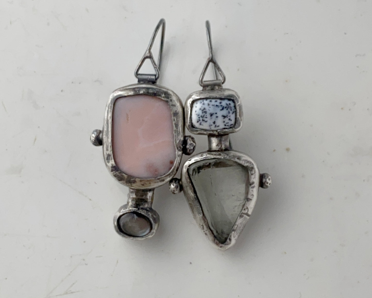 Dendritic Agate, Prasiolite and Black Abalone Shell Asymmetric Silver Earrings