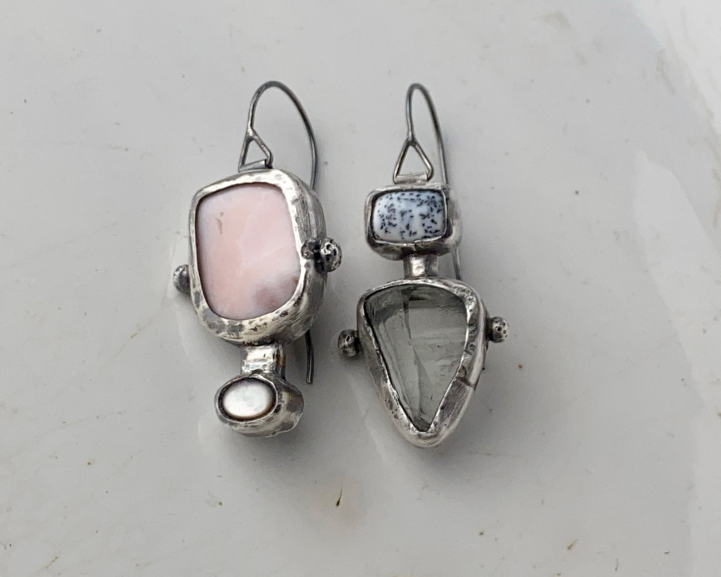 Dendritic Agate, Prasiolite and Black Abalone Shell Asymmetric Silver Earrings