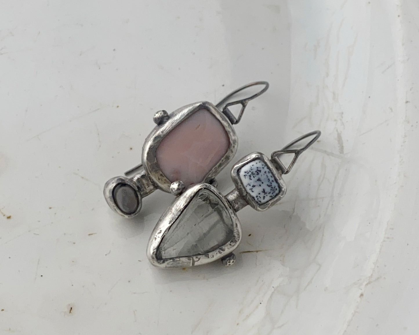 Dendritic Agate, Prasiolite and Black Abalone Shell Asymmetric Silver Earrings