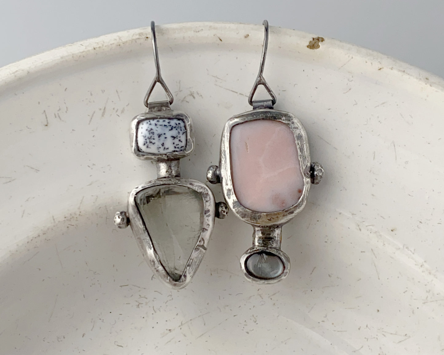 Dendritic Agate, Prasiolite and Black Abalone Shell Asymmetric Silver Earrings