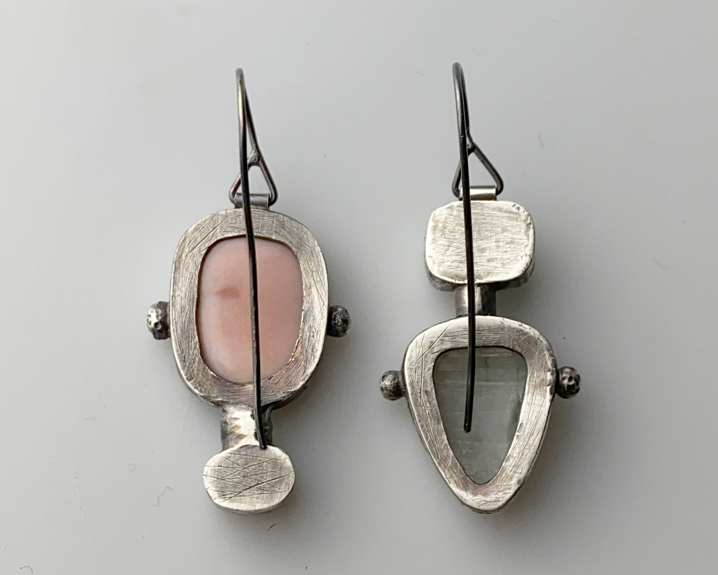 Dendritic Agate, Prasiolite and Black Abalone Shell Asymmetric Silver Earrings