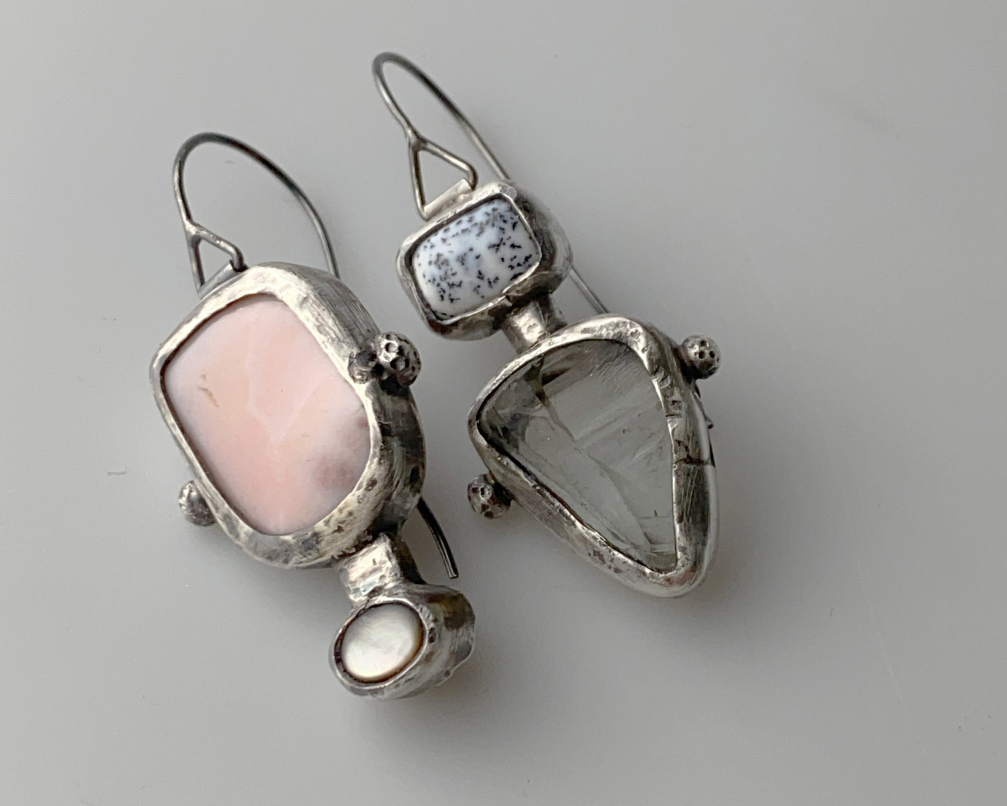 Dendritic Agate, Prasiolite and Black Abalone Shell Asymmetric Silver Earrings