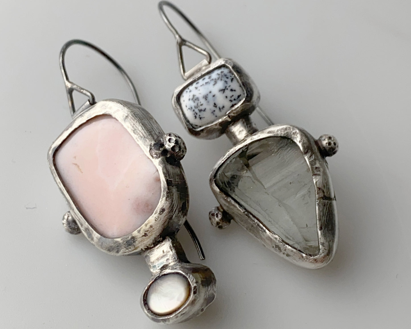 Dendritic Agate, Prasiolite and Black Abalone Shell Asymmetric Silver Earrings