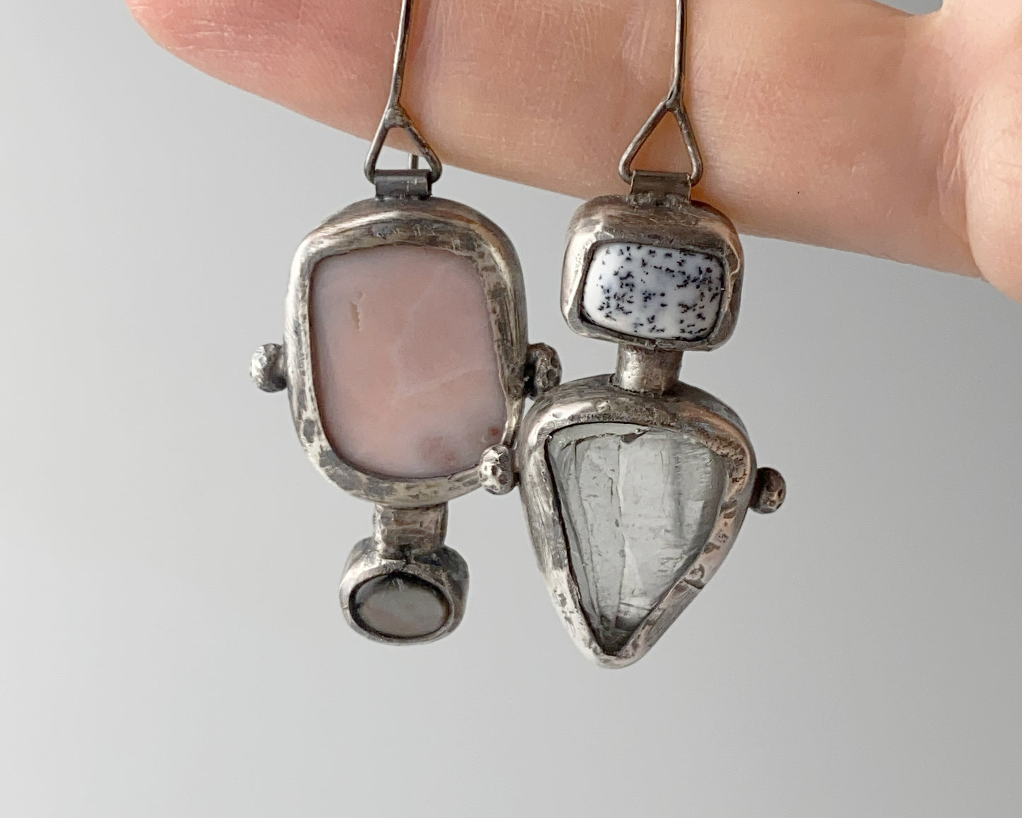 Dendritic Agate, Prasiolite and Black Abalone Shell Asymmetric Silver Earrings