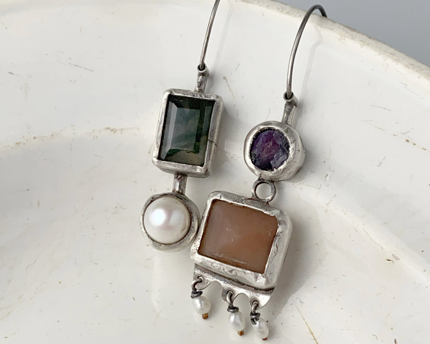 Moss Agate, Sapphire, Pearl & Chalcedony Silver Asymmetric Earrings