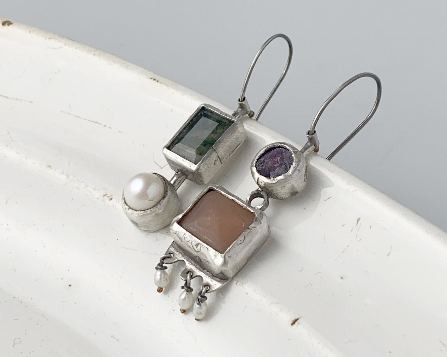 Moss Agate, Sapphire, Pearl & Chalcedony Silver Asymmetric Earrings