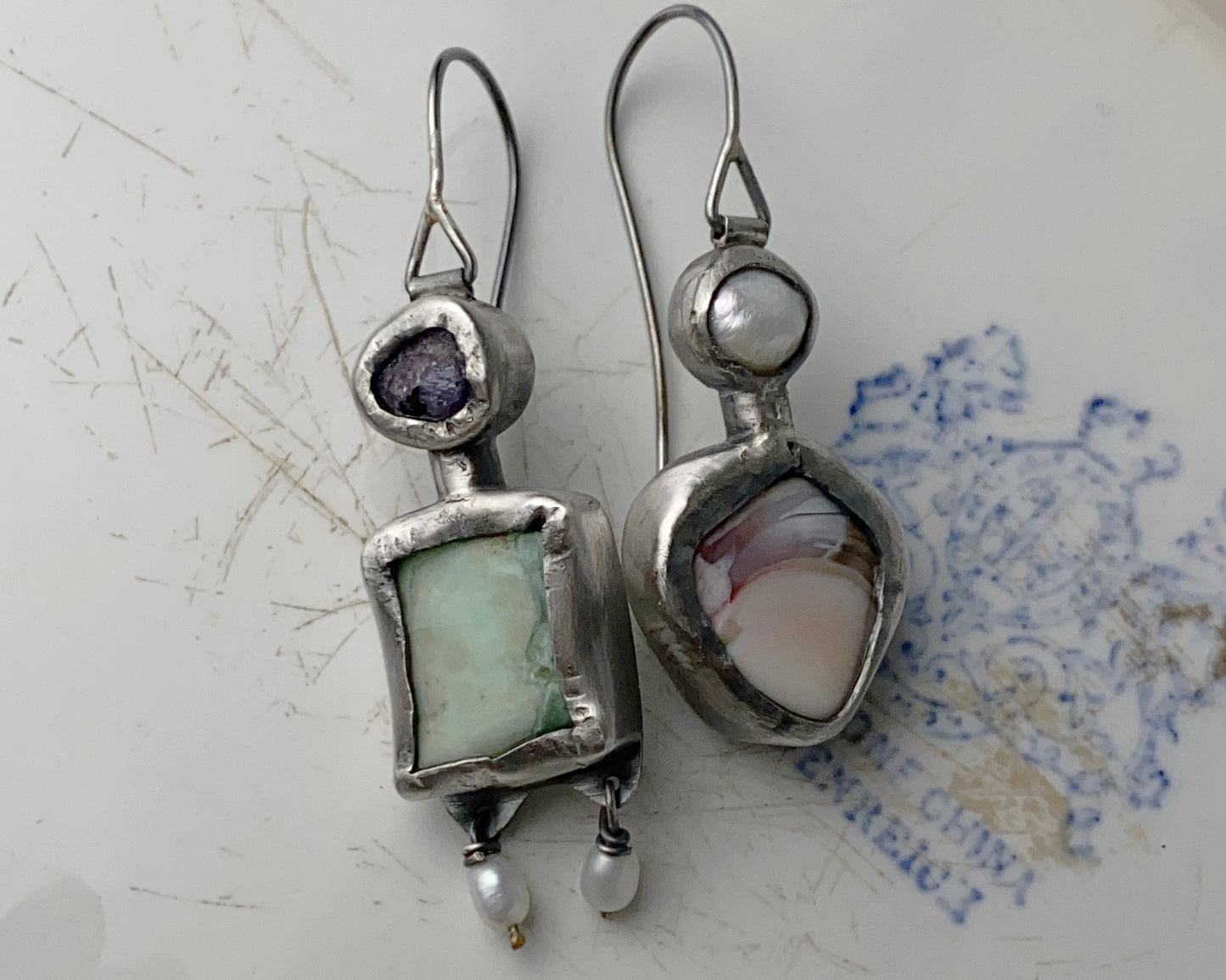 Sterling Silver Mismatched Earrings with Sapphire, Prasiolite, Agate and Pearl