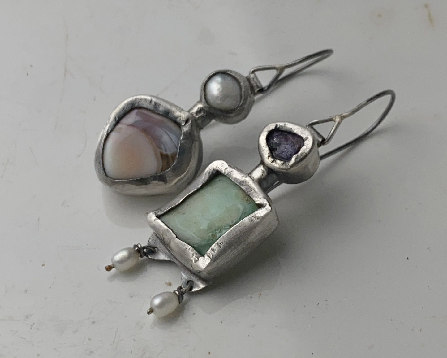 Sterling Silver Mismatched Earrings with Sapphire, Prasiolite, Agate and Pearl
