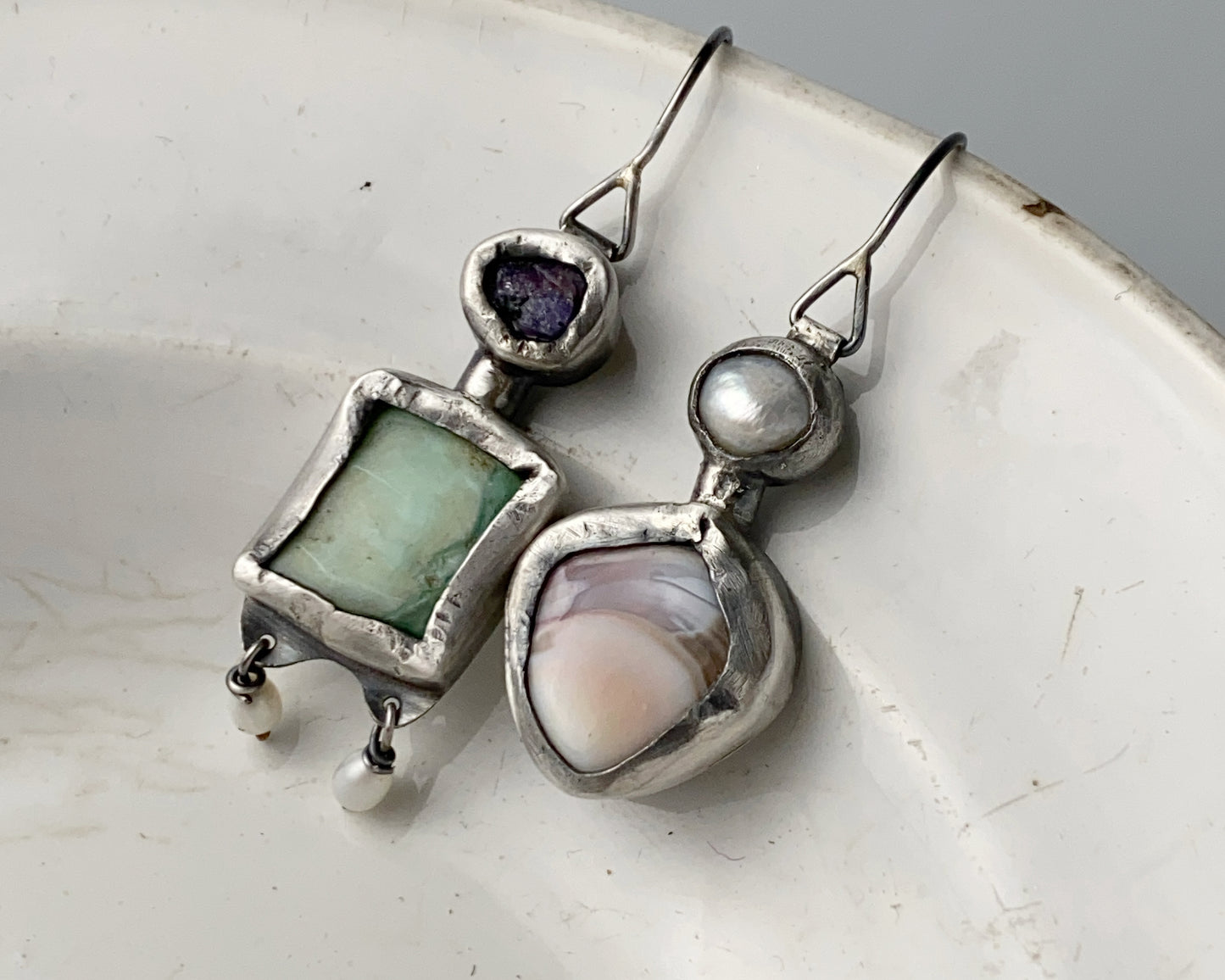 Sterling Silver Mismatched Earrings with Sapphire, Prasiolite, Agate and Pearl