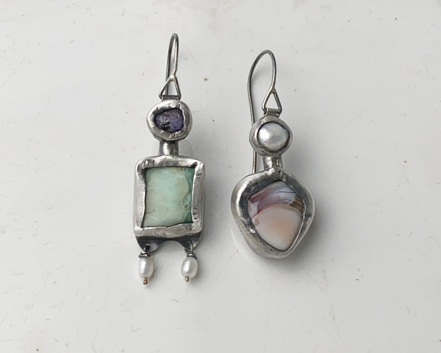 Sterling Silver Mismatched Earrings with Sapphire, Prasiolite, Agate and Pearl