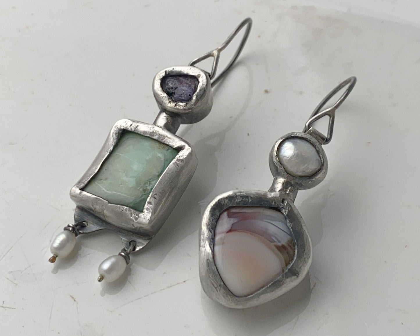 Sterling Silver Mismatched Earrings with Sapphire, Prasiolite, Agate and Pearl