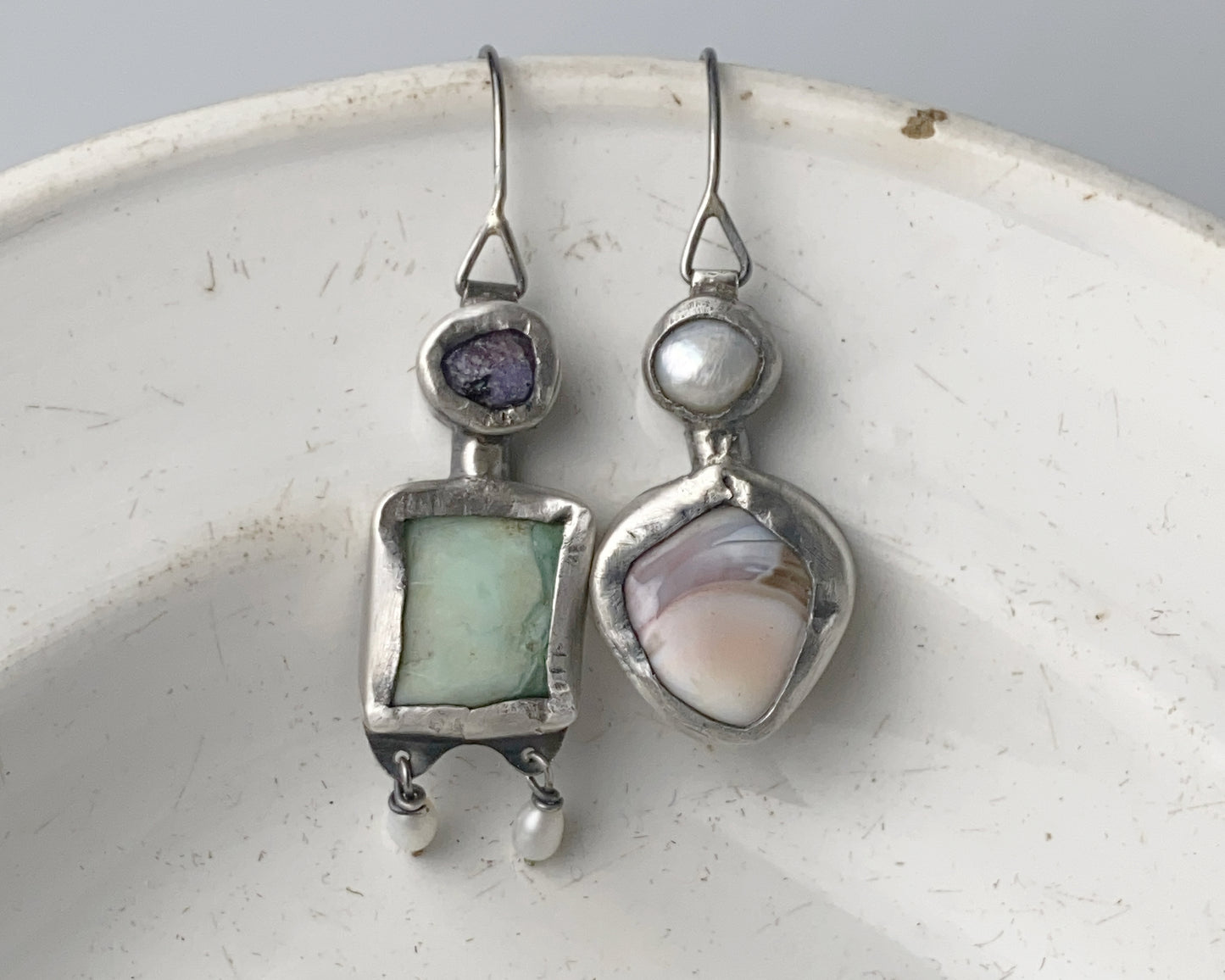 Sterling Silver Mismatched Earrings with Sapphire, Prasiolite, Agate and Pearl