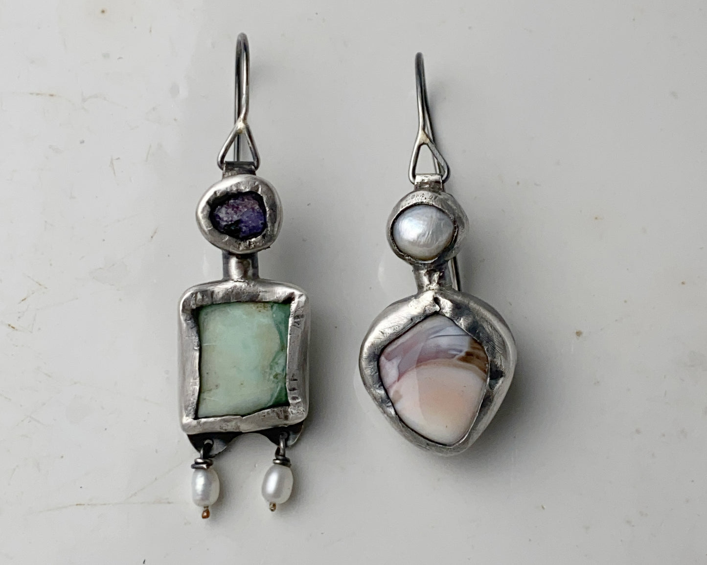 Sterling Silver Mismatched Earrings with Sapphire, Prasiolite, Agate and Pearl