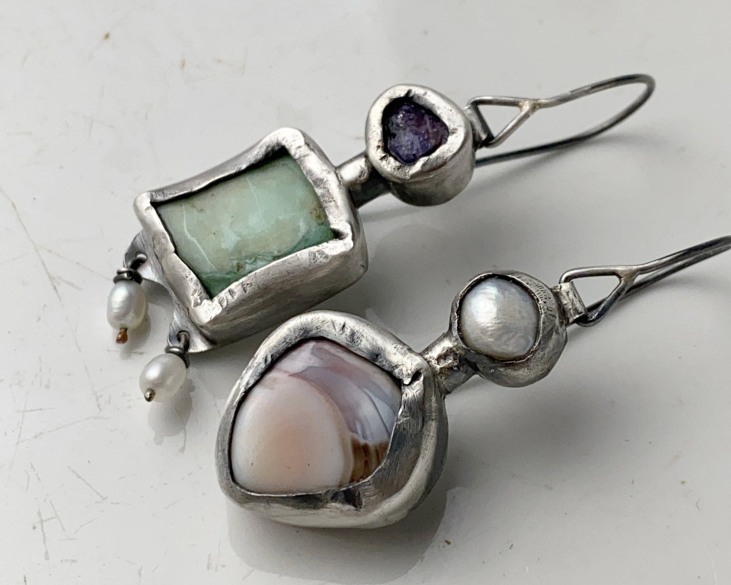 Sterling Silver Mismatched Earrings with Sapphire, Prasiolite, Agate and Pearl