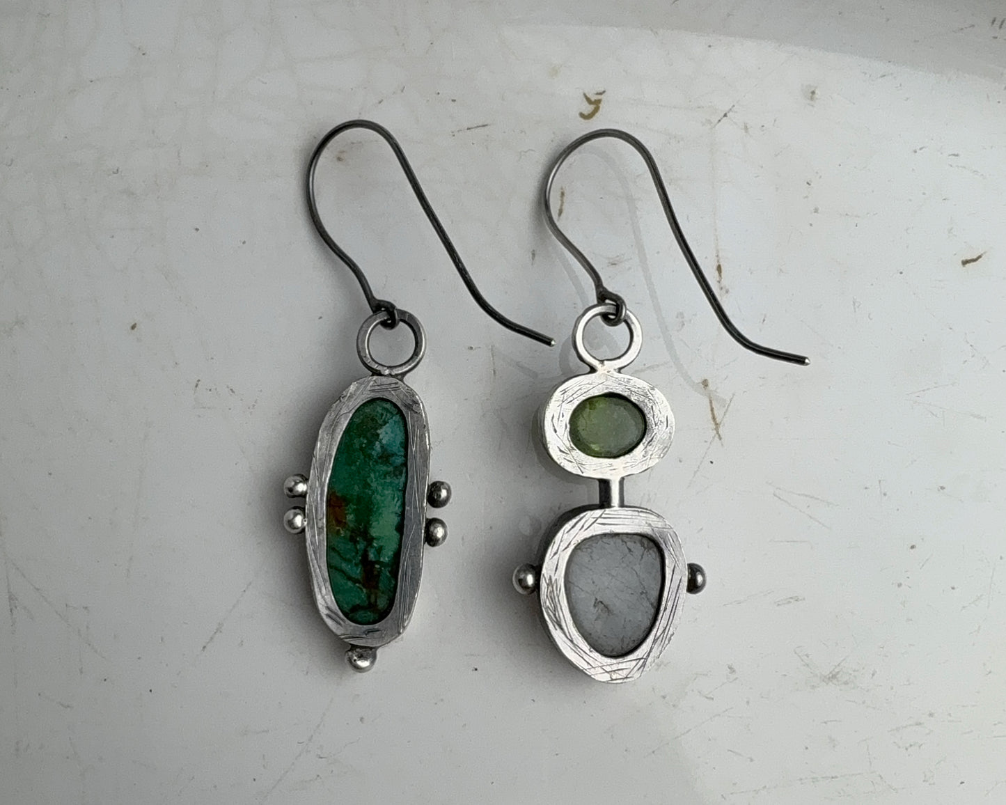 Turquoise & Aquamarine-Peridot Mismatched Silver Earrings