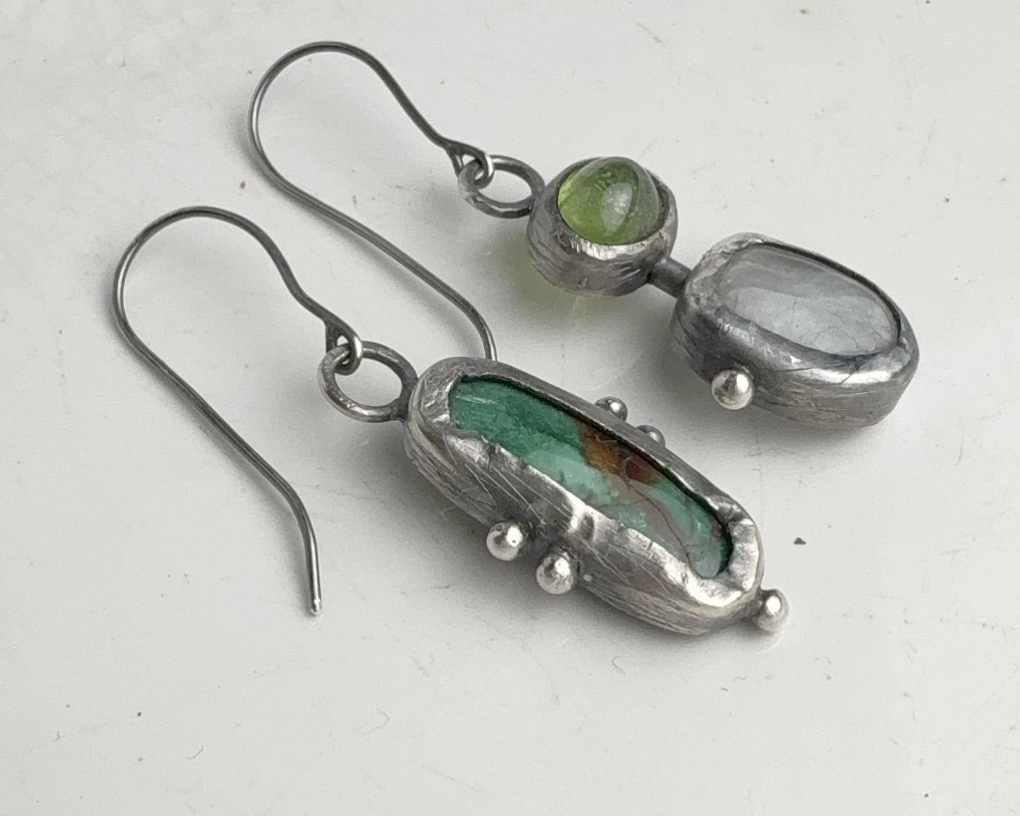 Turquoise & Aquamarine-Peridot Mismatched Silver Earrings
