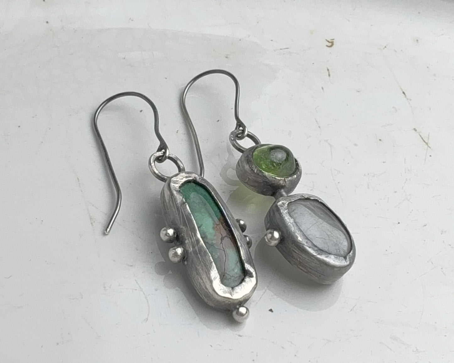 Turquoise & Aquamarine-Peridot Mismatched Silver Earrings